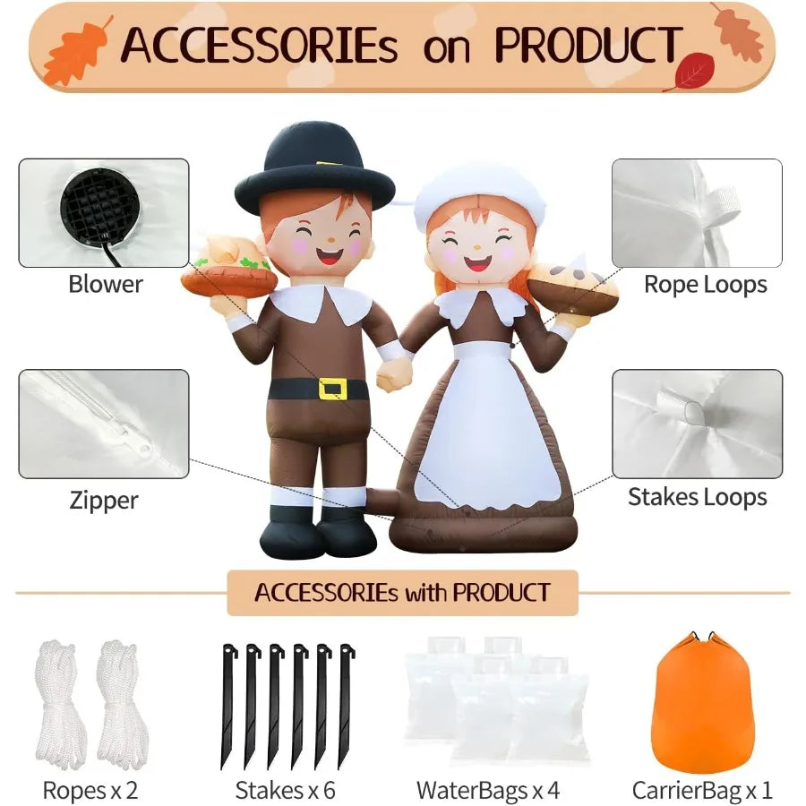 6ft Tall LED Lighted Inflatable Pilgrim Boy and Girl for Outdoor Thanksgiving Holiday Yard Decoration Fall and Christmas Garden