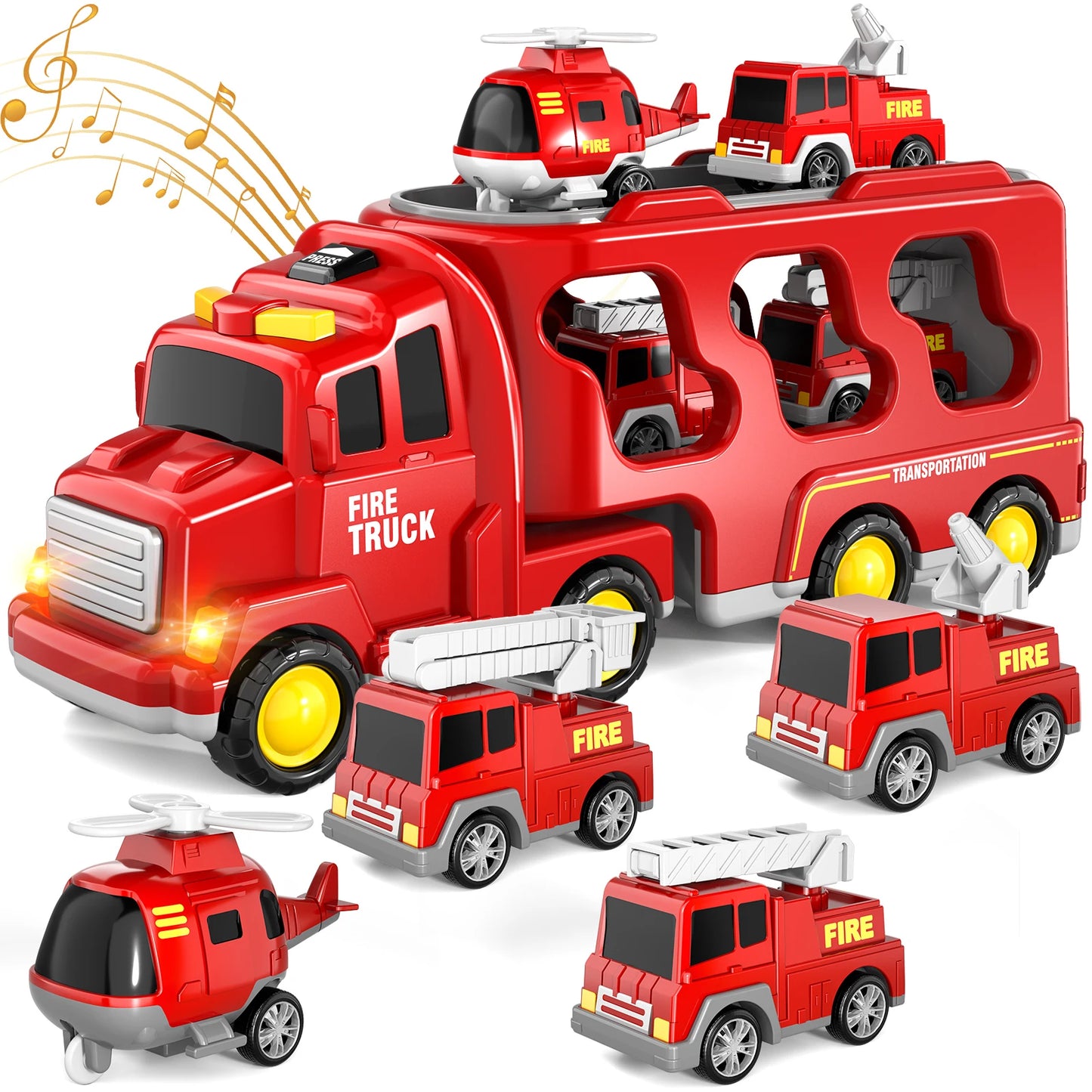 5 In 1 Fire Car Trucks Toddler Toys For Boys Age 1-5 Red Carrier Fire Truck With Light And Sound Mini Helicopter Crane Cars Sets