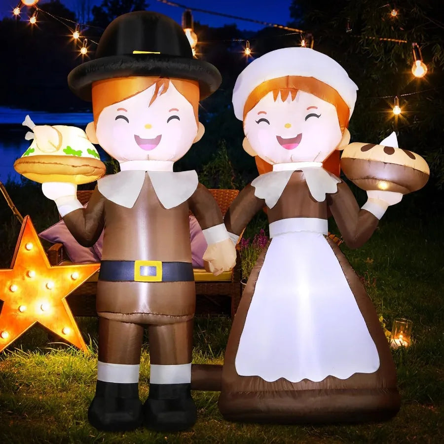 6ft Tall LED Lighted Inflatable Pilgrim Boy and Girl for Outdoor Thanksgiving Holiday Yard Decoration Fall and Christmas Garden