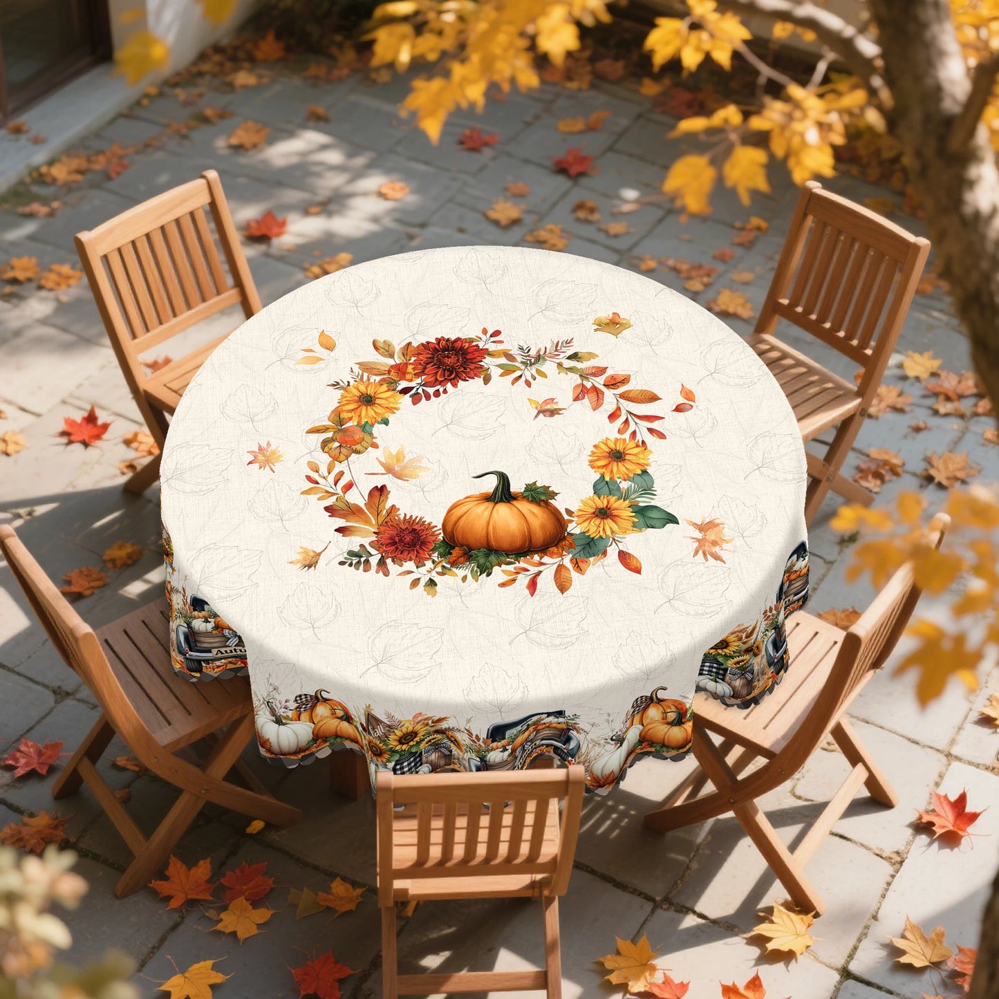 Gnizama Fall decoration autumn Thanksgiving rectangular round tablecloth with pumpkin truck, maple leaves pattern design,