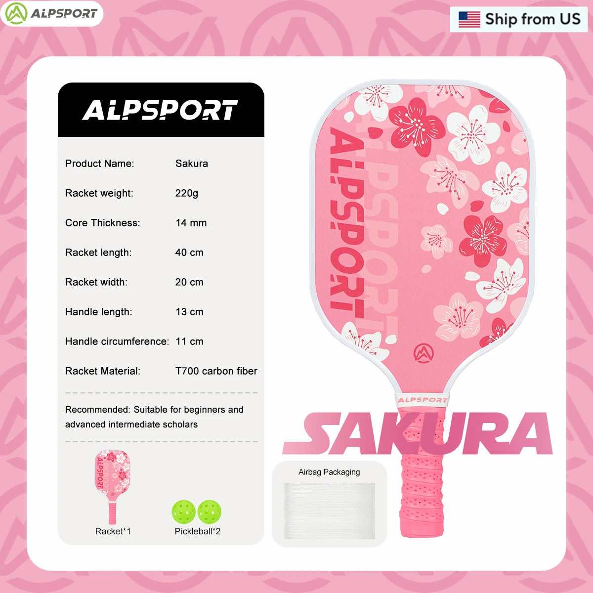 ALPSPORT SakuraUSAPA Pickleball Paddle Women's T700 Carbon Fiber Beginner-Friendly Pro Training Set Pink With 2 Free Balls