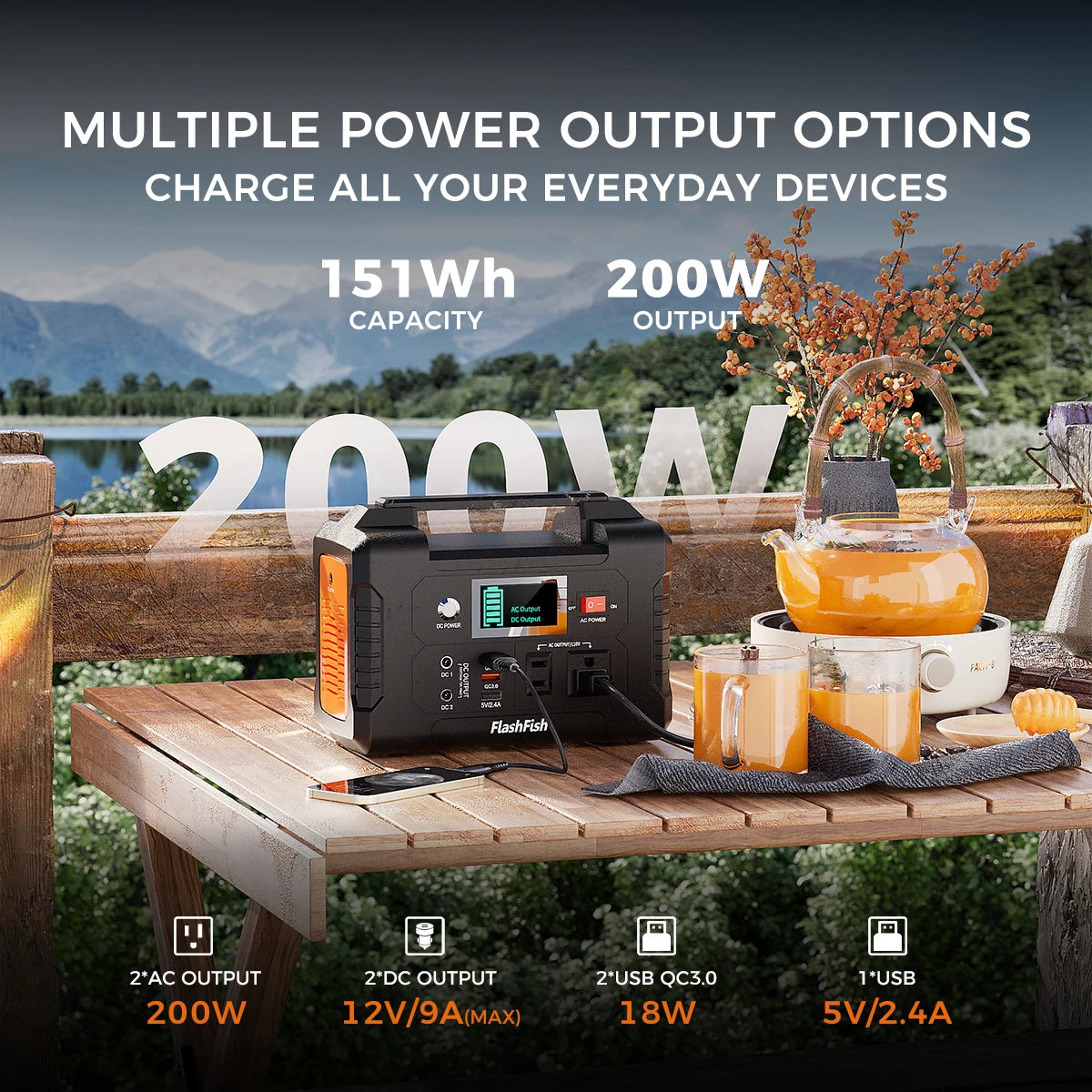 FF Flashfish E200 Portable Power Station 200W Solar Generator 151WH Battery AC DC Outdoor Camera Drone Power Supply Solar Charge