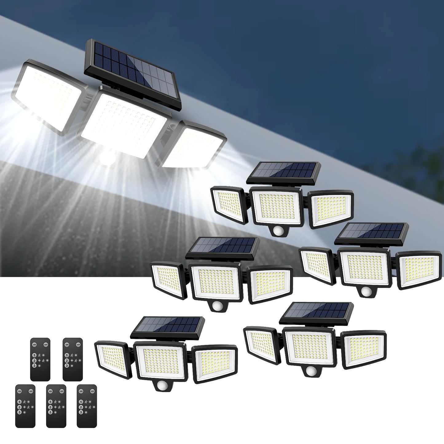 Three-Head Outdoor Waterproof Solar Light with 200+ LEDs and Motion Sensor Security Light for Porches, Garages, Yard Entrances,