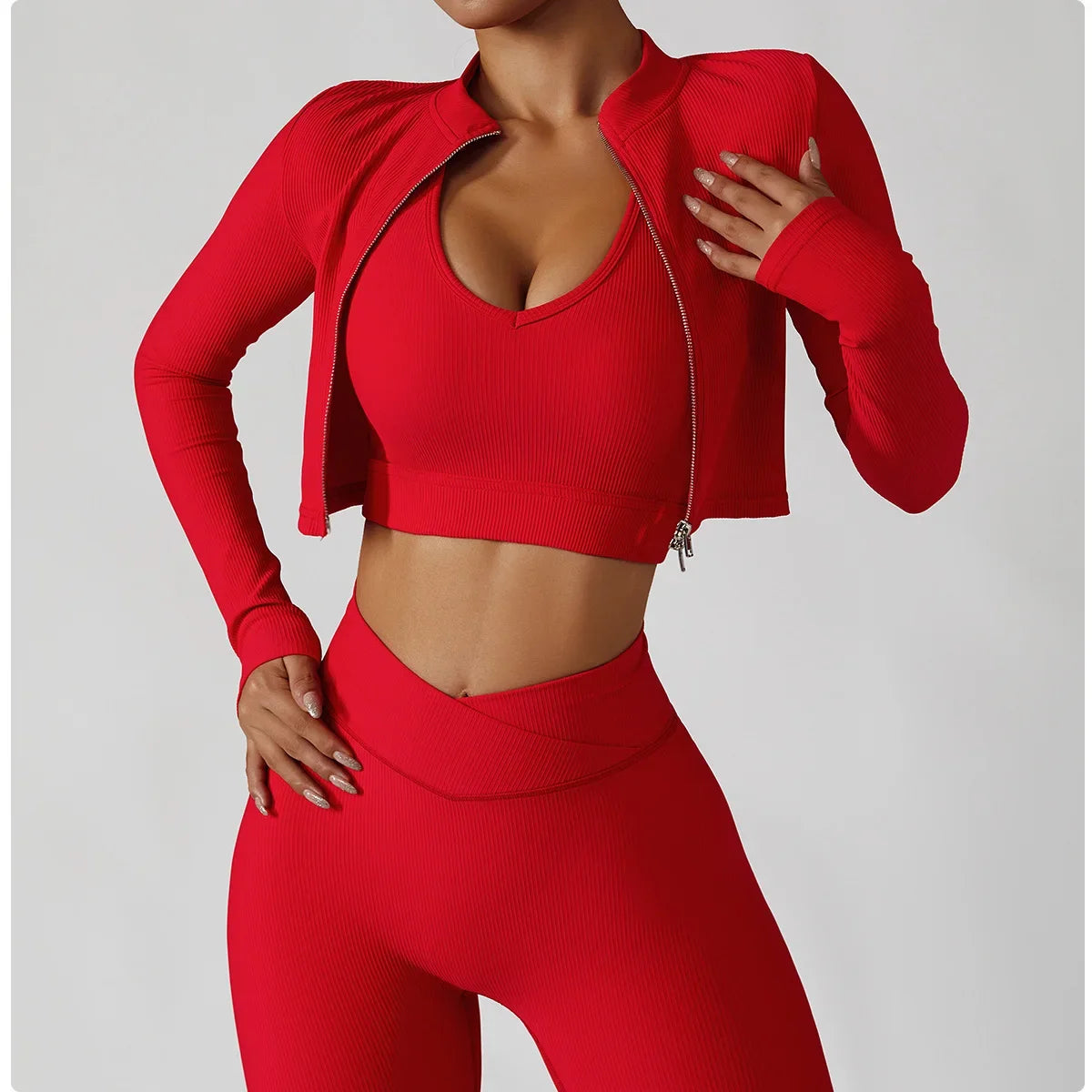 Women's 3 Piece Yoga Set Sports Jacket Bra Legging Workout Gym Push Up Yoga Sportswear Suit Fitness