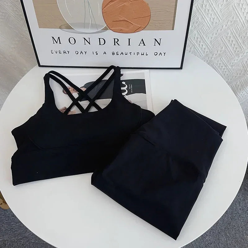 New 2 Piece Yoga Set Breathable Fitness Suit Cross Back Yoga Tops Peach Butt Yoga Pants Pilates Running Fitness Suit