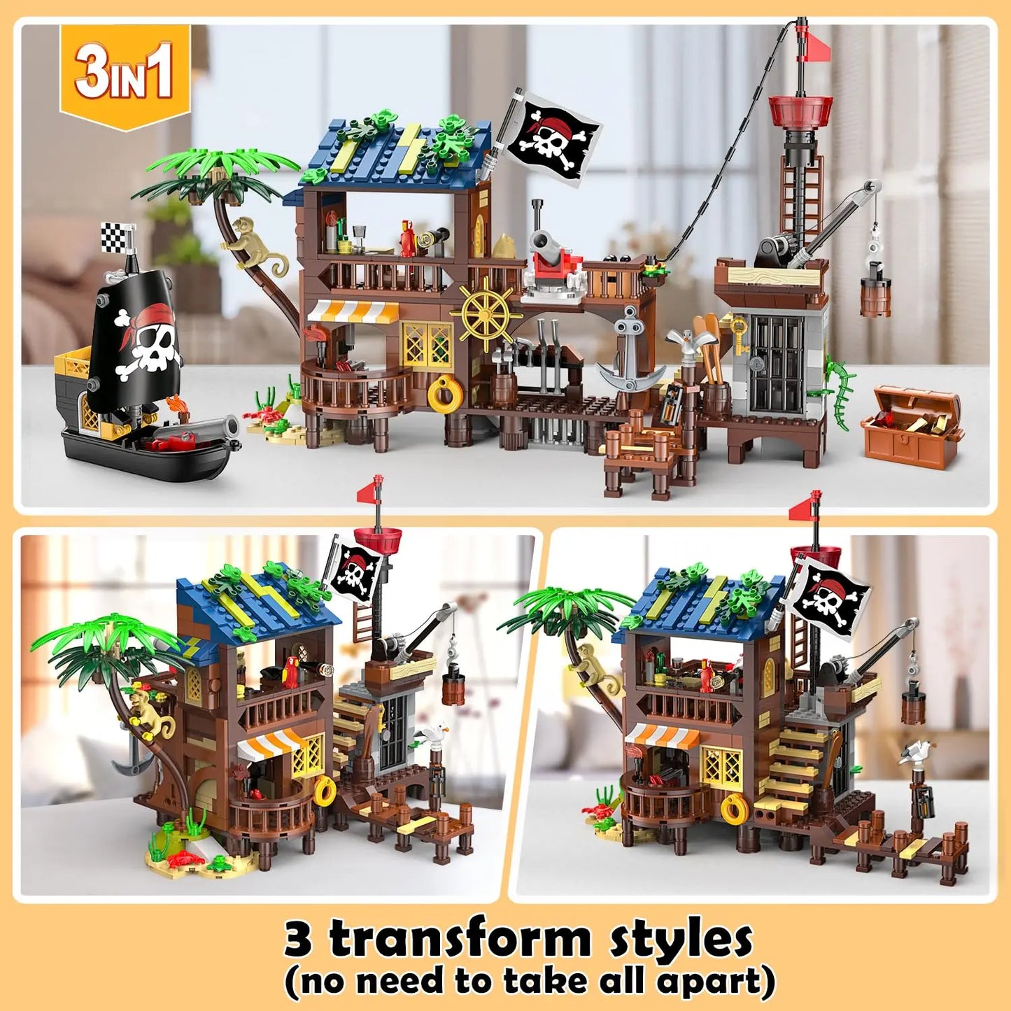 HOGOKIDS Pirate Ship Wharf Building Toy with LED–Medieval Pirate House BuildingBlock Set, Architecture for Kids6+ Birthday Gift