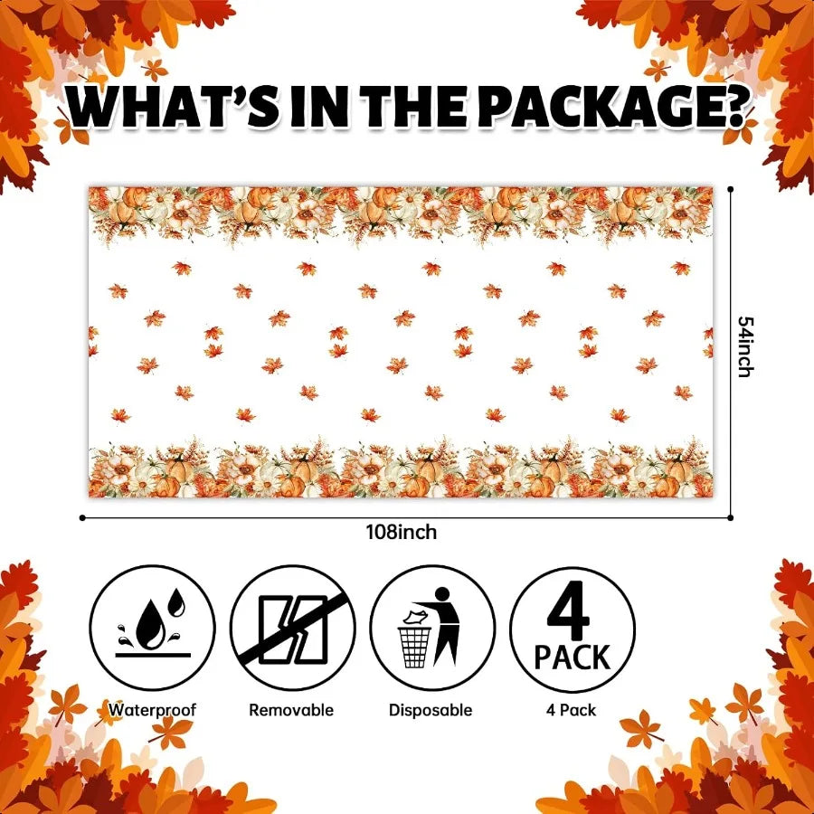 Fall Thanksgiving Tablecloth 4 Packs Plastic  Table Cloth 54x108 Rec Table Cover with Pumpkin Maple Leaf for Holiday Dinner Par