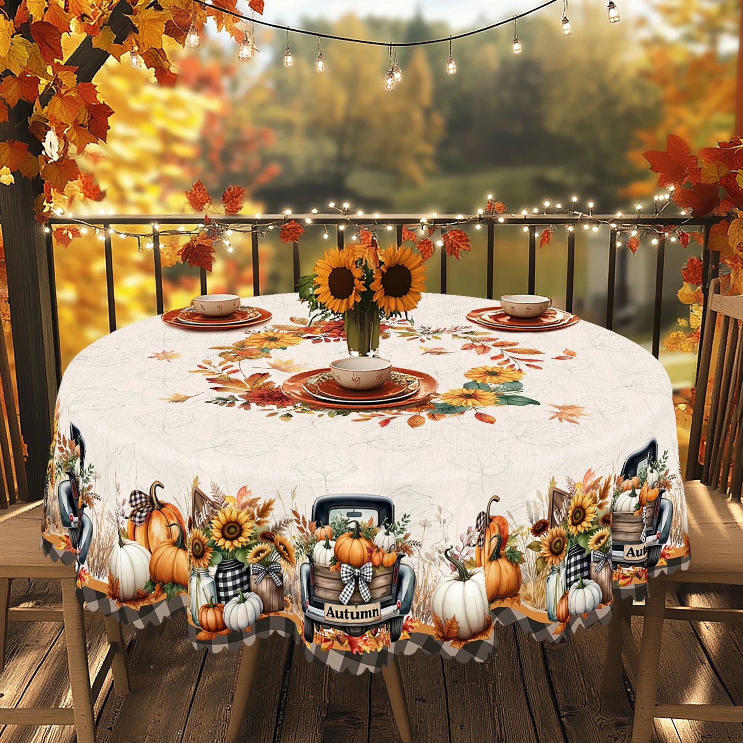 Gnizama Fall decoration autumn Thanksgiving rectangular round tablecloth with pumpkin truck, maple leaves pattern design,