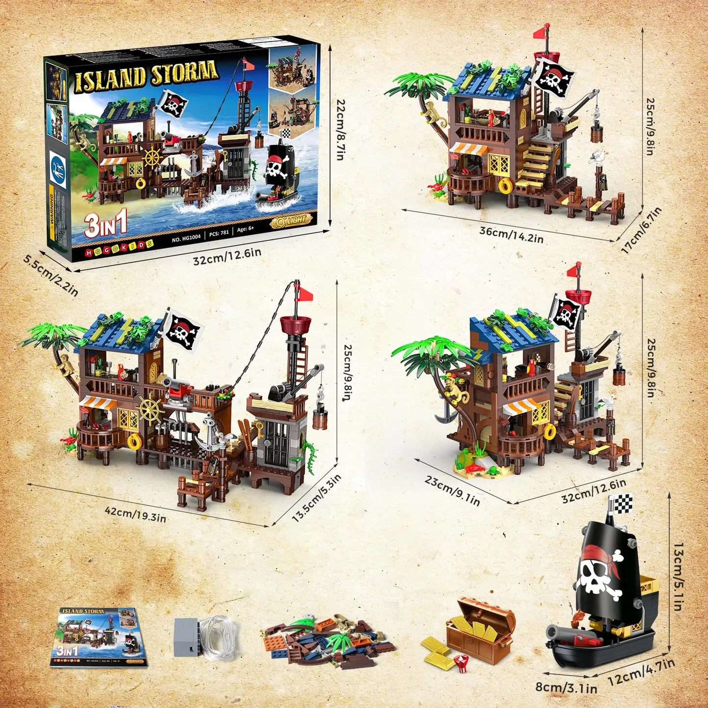 HOGOKIDS Pirate Ship Wharf Building Toy with LED–Medieval Pirate House BuildingBlock Set, Architecture for Kids6+ Birthday Gift