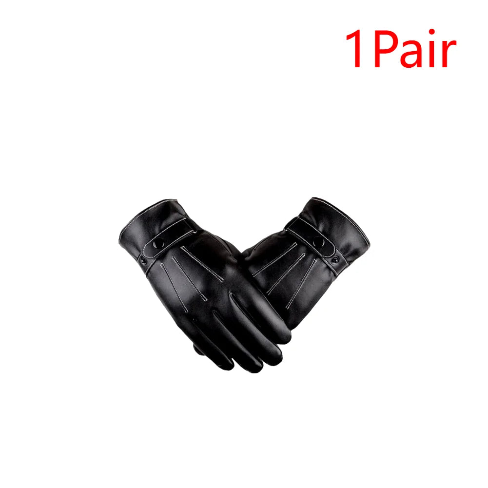 1-5Pair Men Cycling Warm Gloves PU Leather Protection Riding Gloves Adjustable Button Closure for Camping Climbing Hiking Sports