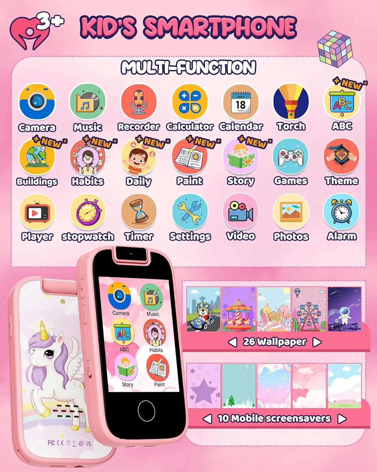 Kids Smart Phone for Girls, Toddler Phone with Dual Camera Puzzle Games Touchscreen, Learning Toy Christmas Birthday Gift