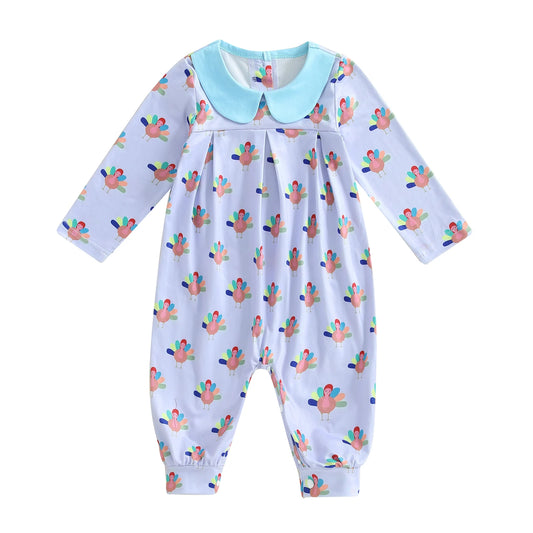 Thanksgiving Baby Girl Romper Long Sleeve Doll Collar Turkey Print Jumpsuit Sweet  for Fall Holiday