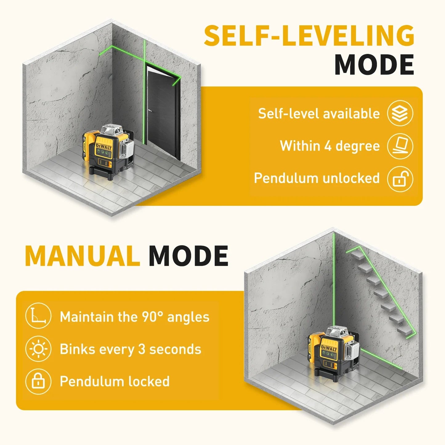 NEW DEWALT DW089LG 3 Sides Degree Vertical Laser Meter Outdoor Level 360 Self Levelling Green Beam Laser Li-Ion Battery Lasers