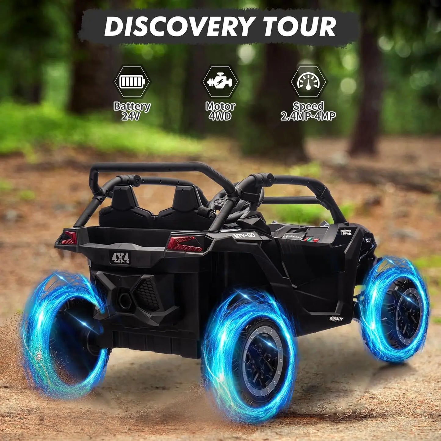 24V Ride On Car For Kids, 4WD Electric Vehicle With Remote Control, 2 Seater, LED Lights, Four-Wheel Shock Absorption, 3 Speeds