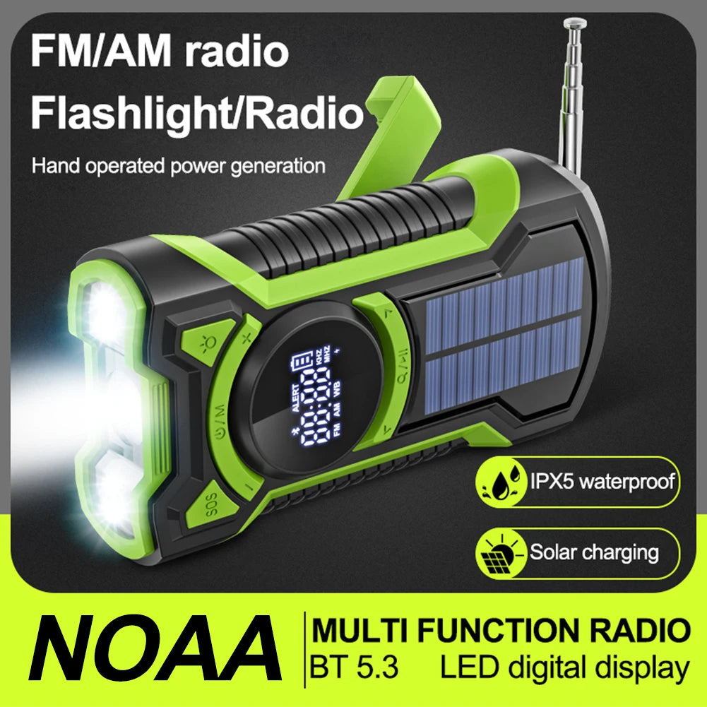 Solar AM/FM/NOAA Weather Radio Waterproof Hand Crank 5000mAh Bluetooth-Compatible5.3 Phone Charger SOS Alarm for Outdoor Camping