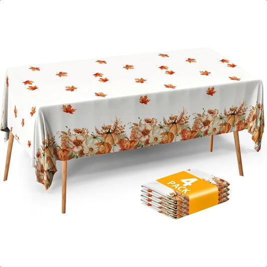 Fall Thanksgiving Tablecloth 4 Packs Plastic  Table Cloth 54x108 Rec Table Cover with Pumpkin Maple Leaf for Holiday Dinner Par