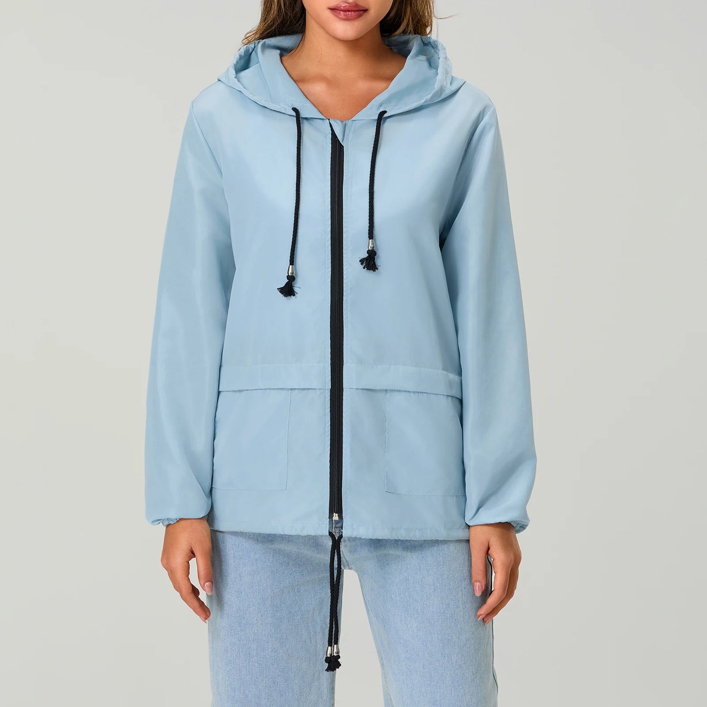 Women Lightweight Packable Raincoat Waterproof Hooded Windbreaker with Adjustable Drawstring and Zipper Pockets for Outdoor