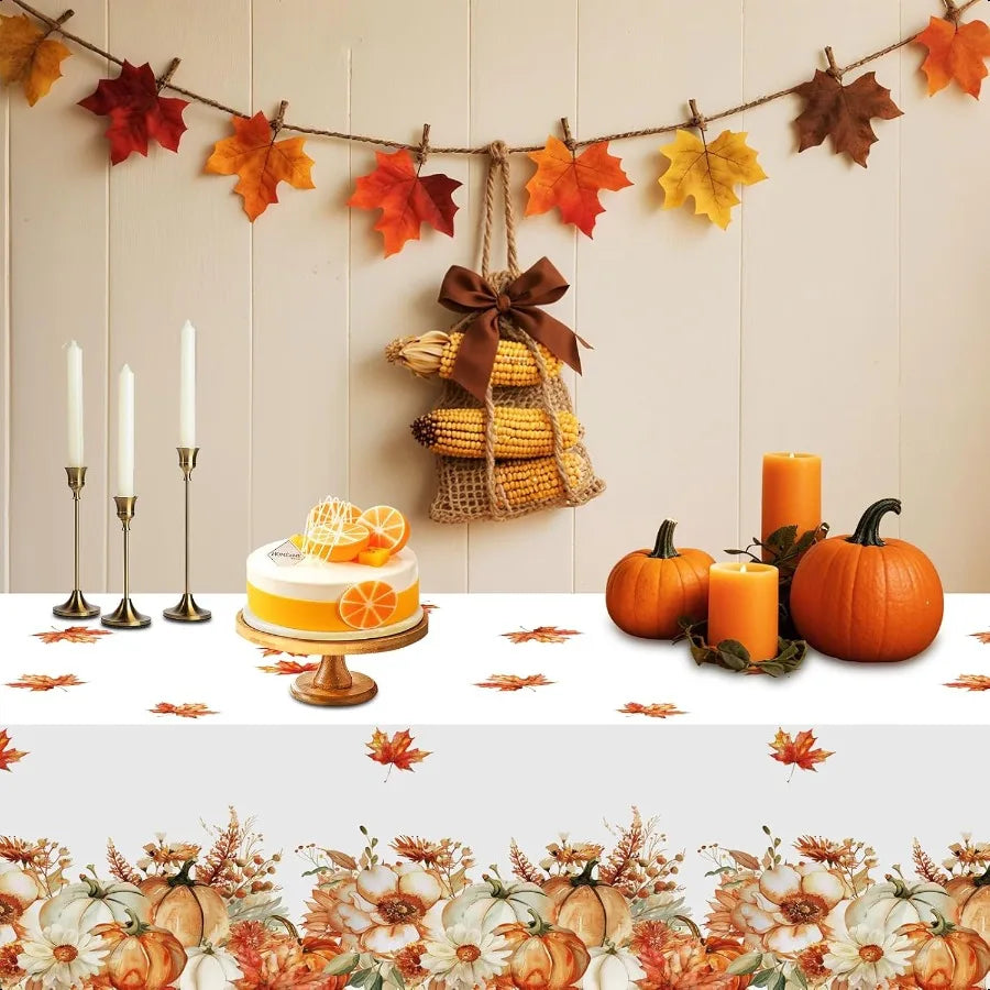Fall Thanksgiving Tablecloth 4 Packs Plastic  Table Cloth 54x108 Rec Table Cover with Pumpkin Maple Leaf for Holiday Dinner Par