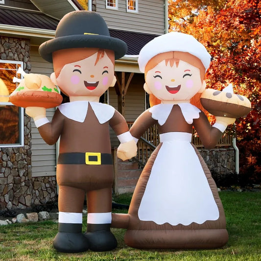 6ft Tall LED Lighted Inflatable Pilgrim Boy and Girl for Outdoor Thanksgiving Holiday Yard Decoration Fall and Christmas Garden