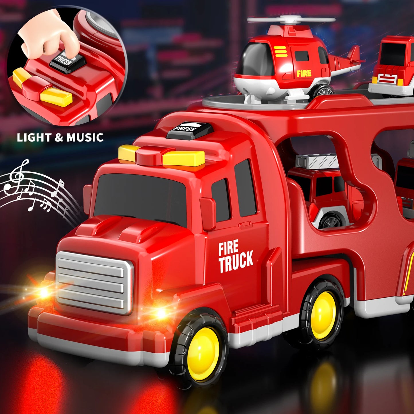 5 In 1 Fire Car Trucks Toddler Toys For Boys Age 1-5 Red Carrier Fire Truck With Light And Sound Mini Helicopter Crane Cars Sets