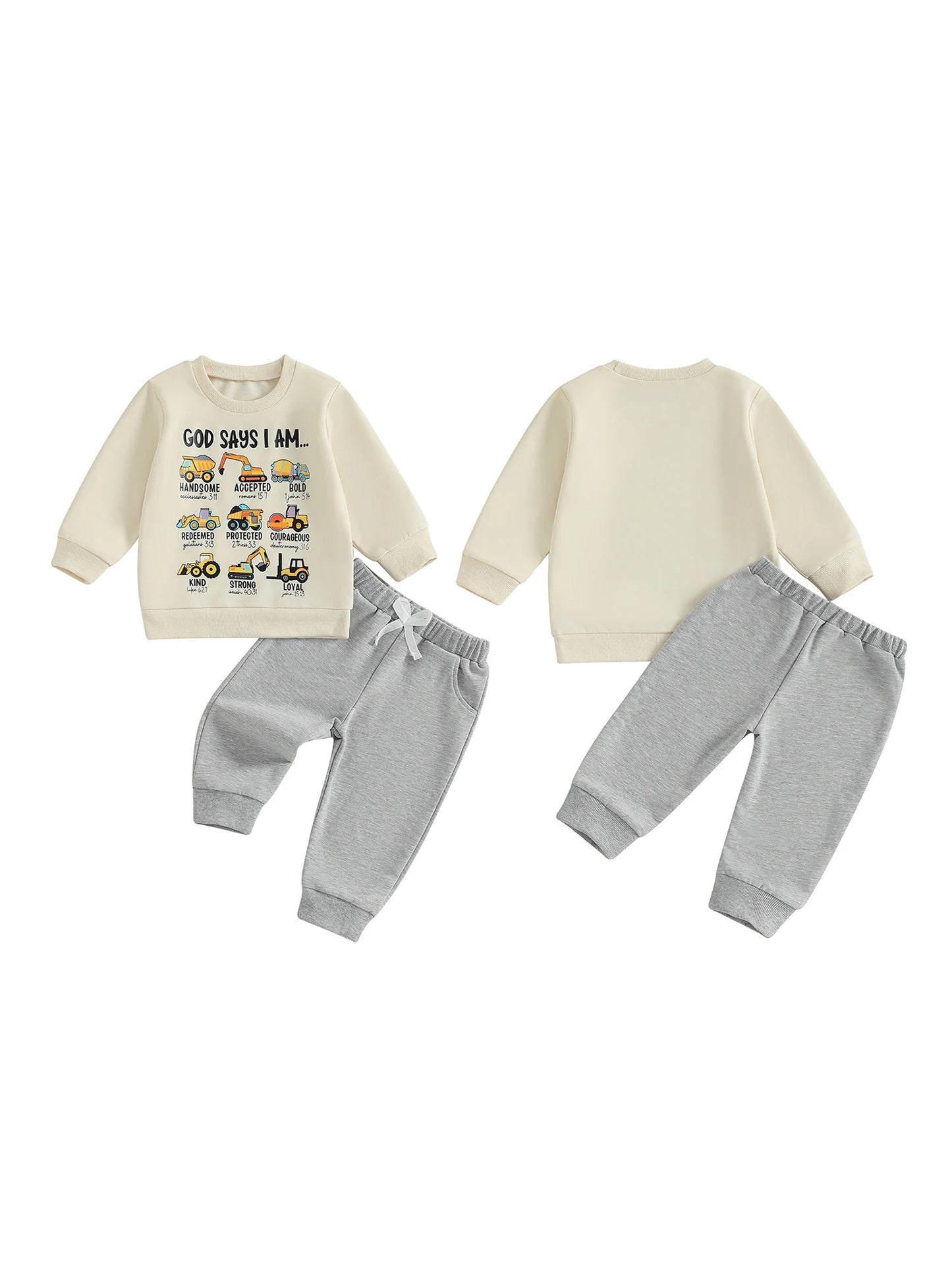 Infant Boy Autumn Clothing Set with Cute Car Patterned Crew Neck Sweatshirt and Matching Pants 2 Piece Outfit