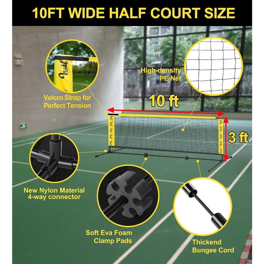 NEW - 10FT Portable All-in-One Badminton, Pickleball and Kids’ Volleyball Net Set Half Court (10ft Wide x 7ft max