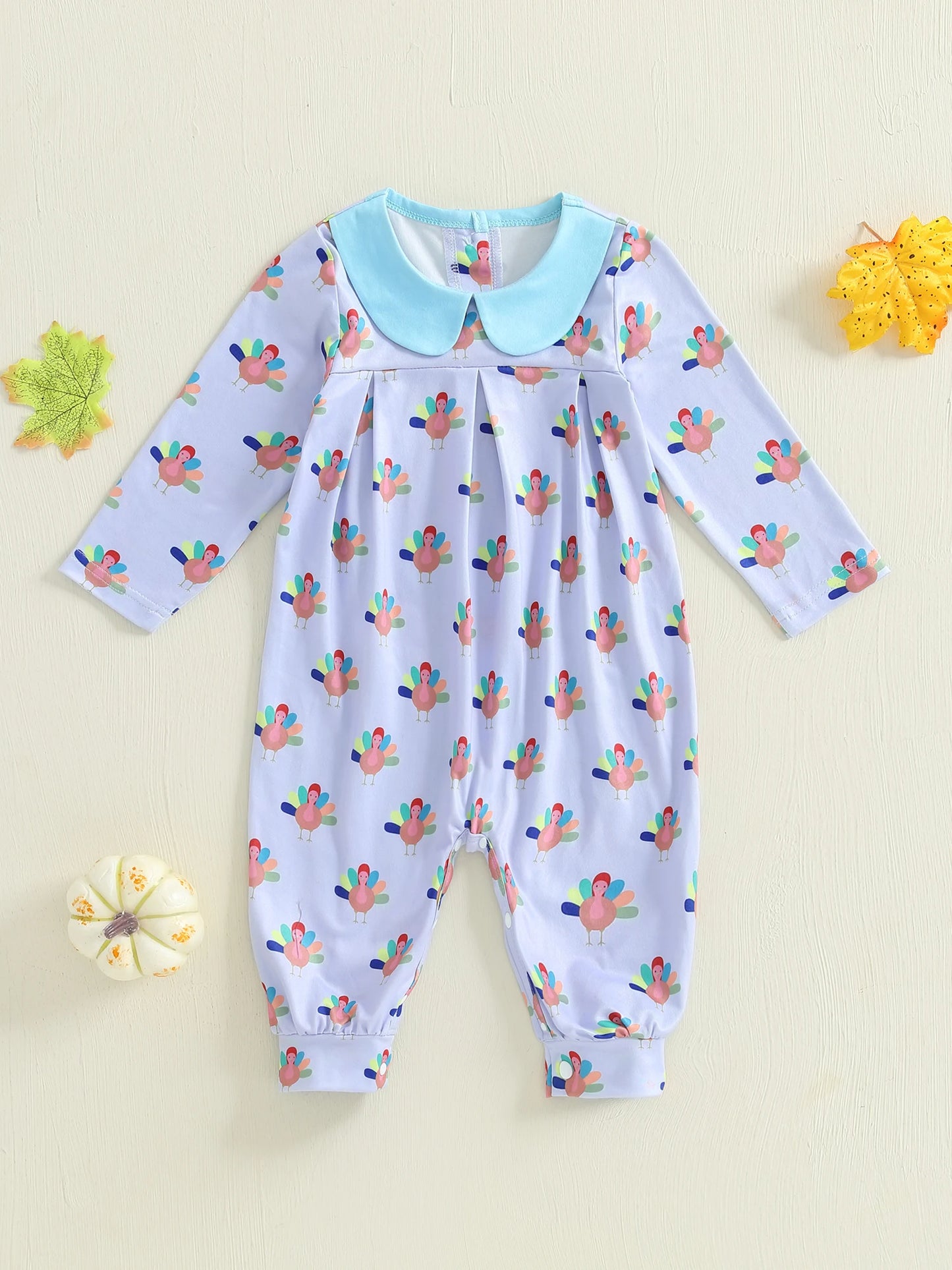 Thanksgiving Baby Girl Romper Long Sleeve Doll Collar Turkey Print Jumpsuit Sweet  for Fall Holiday