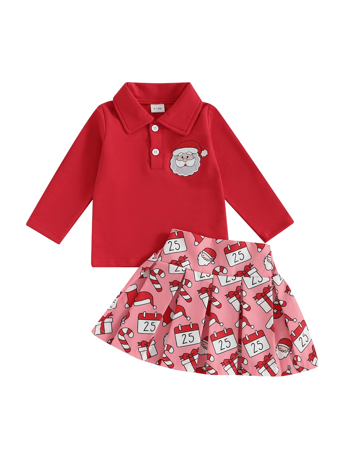 Girls Christmas Outfit with Lapel Long Sleeves Sweatshirt and Gingerbread Man Print Skirt - 2 Piece Set for Kids