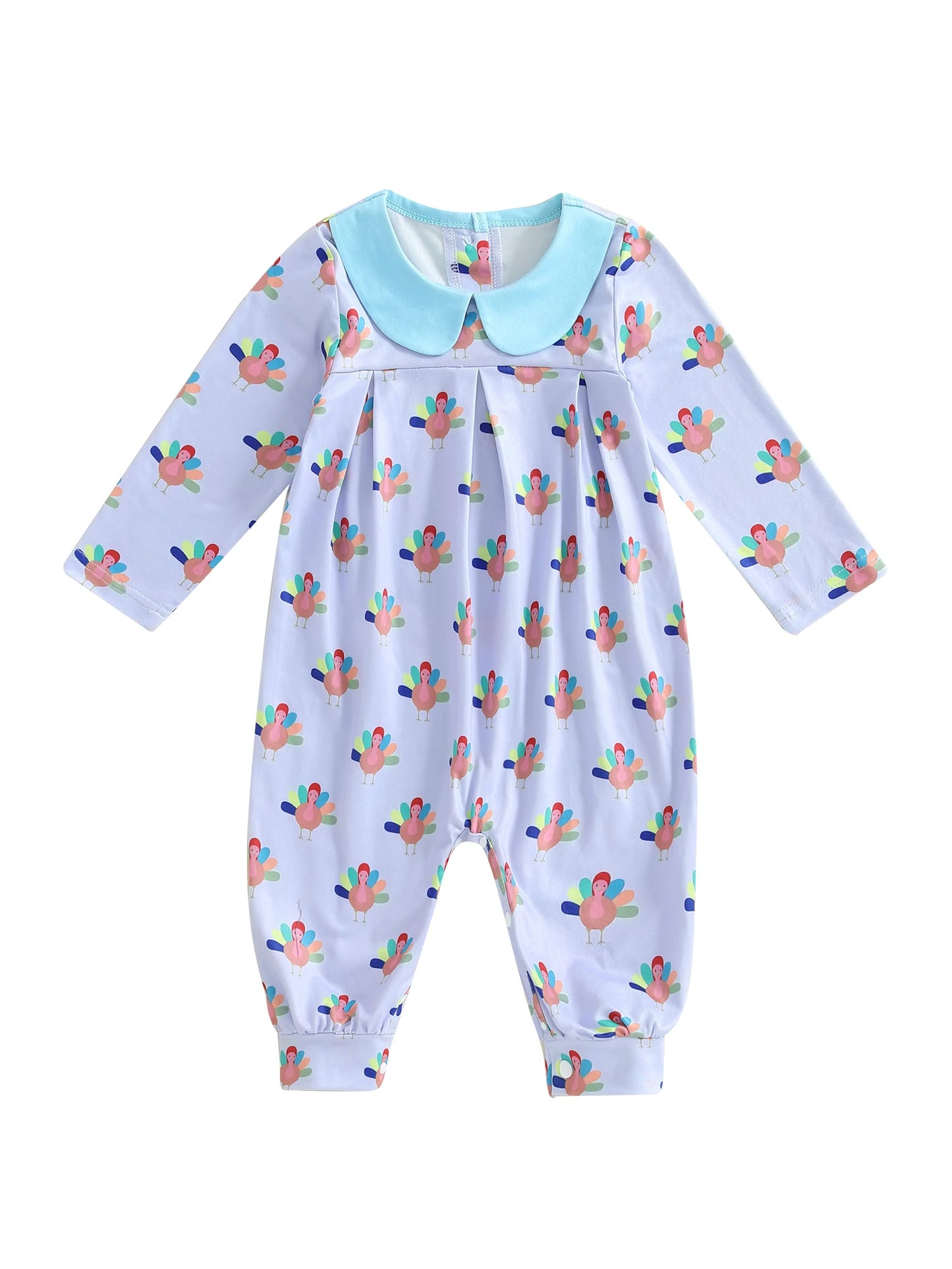 Thanksgiving Baby Girl Romper Long Sleeve Doll Collar Turkey Print Jumpsuit Sweet  for Fall Holiday