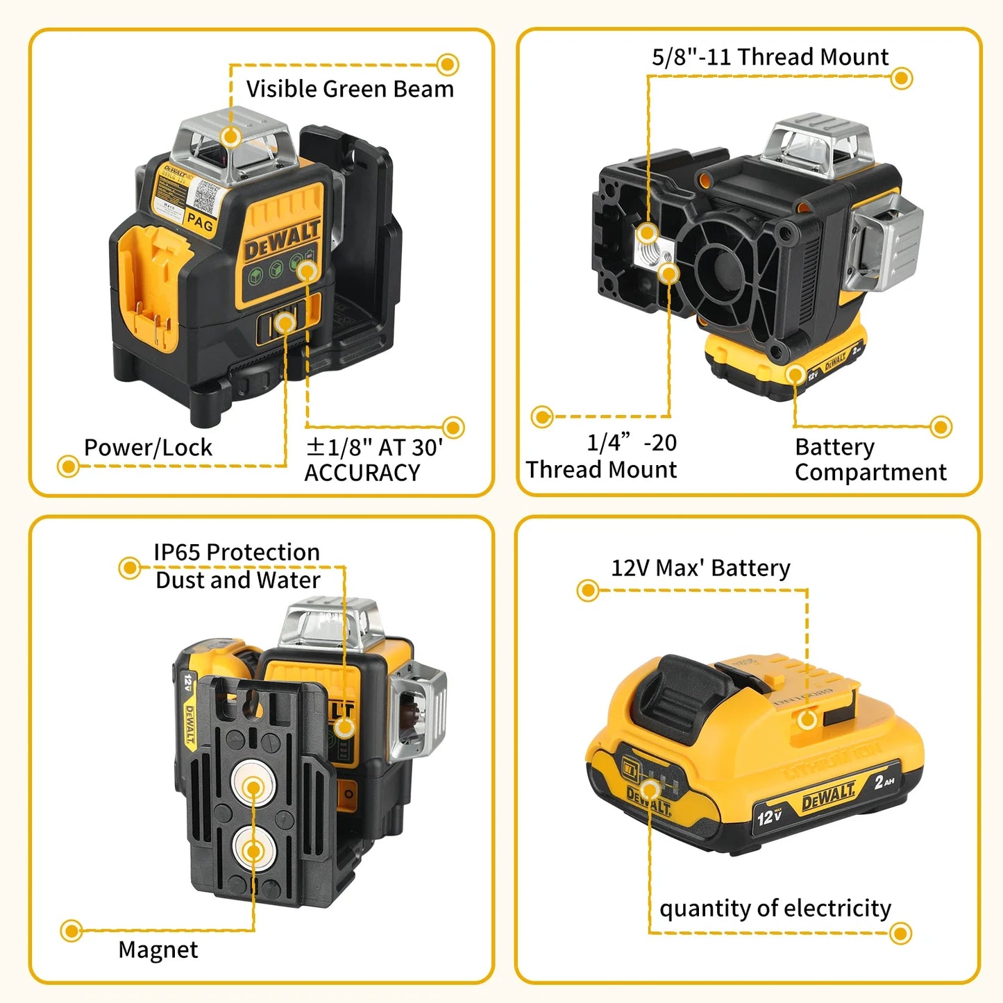 NEW DEWALT DW089LG 3 Sides Degree Vertical Laser Meter Outdoor Level 360 Self Levelling Green Beam Laser Li-Ion Battery Lasers