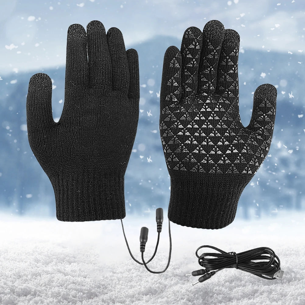 USB Heated Knitted Gloves Full Finger Gloves Non-Slip Touch Screen Gloves Thicken Thermal Knitting Mitts for Outdoor Sports
