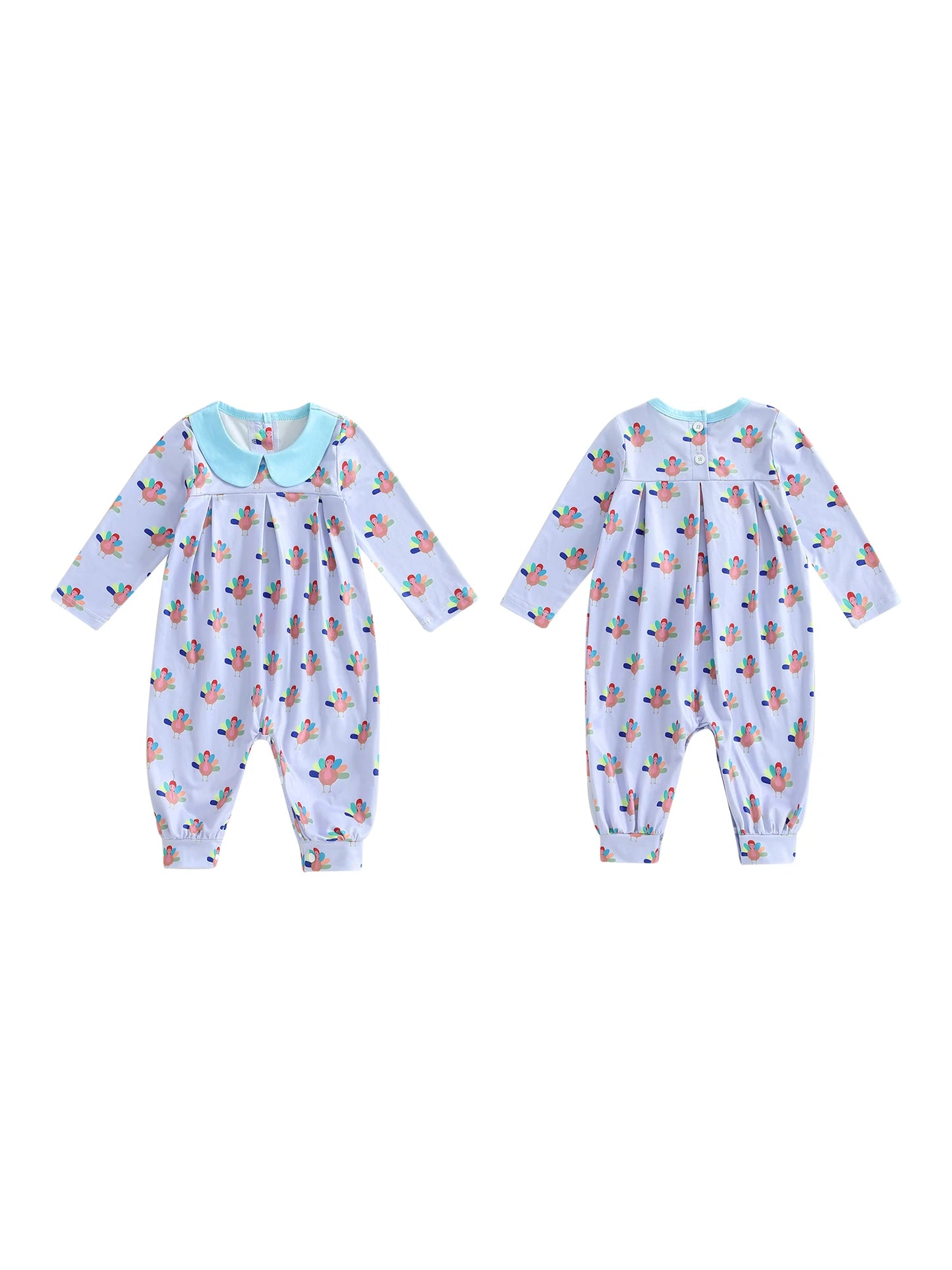 Thanksgiving Baby Girl Romper Long Sleeve Doll Collar Turkey Print Jumpsuit Sweet  for Fall Holiday