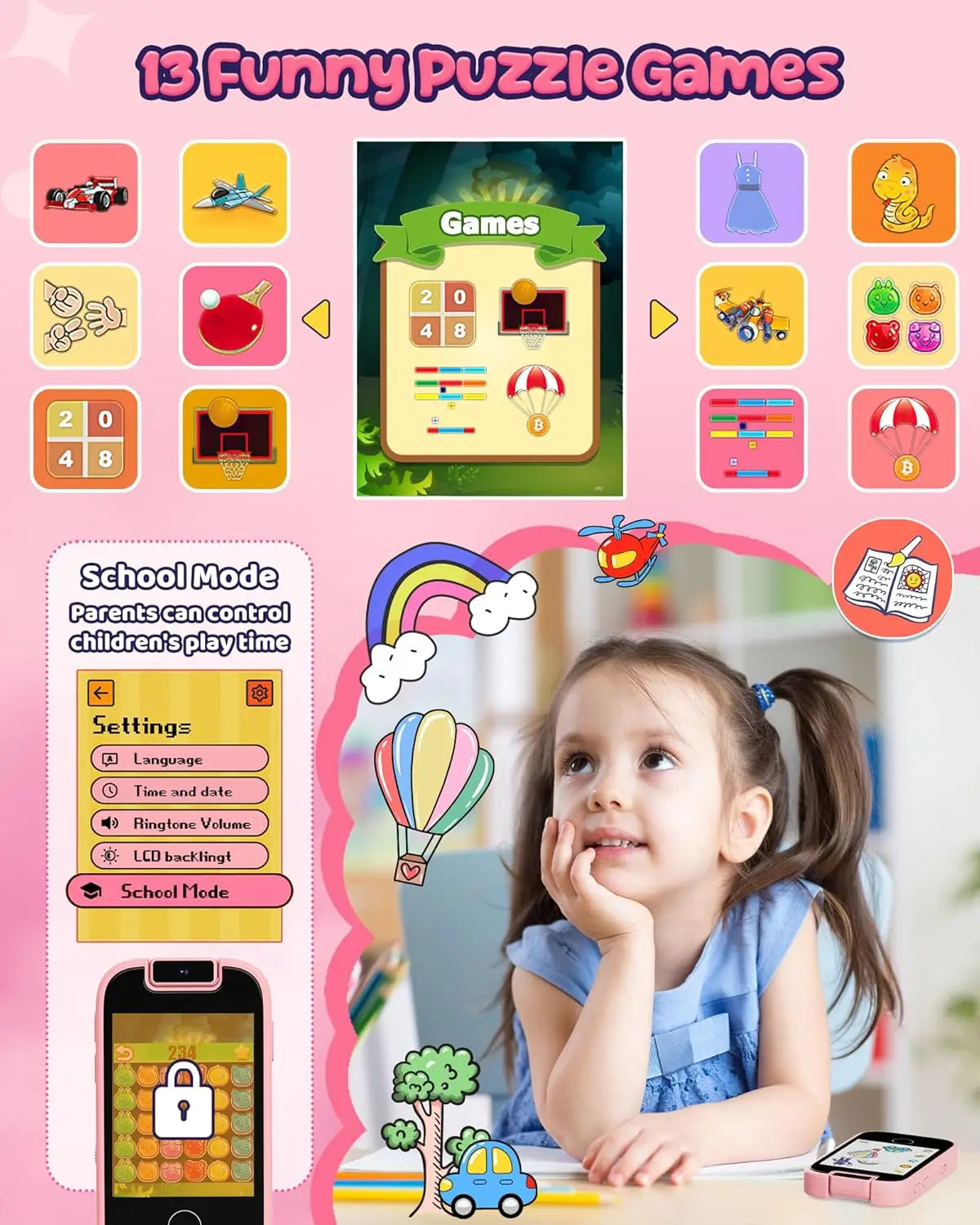 Kids Smart Phone for Girls, Toddler Phone with Dual Camera Puzzle Games Touchscreen, Learning Toy Christmas Birthday Gift
