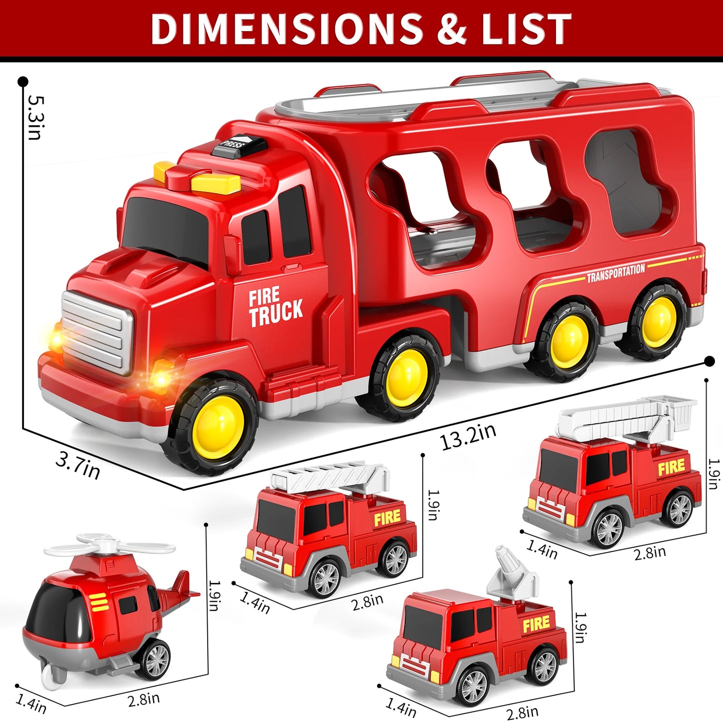 5 In 1 Fire Car Trucks Toddler Toys For Boys Age 1-5 Red Carrier Fire Truck With Light And Sound Mini Helicopter Crane Cars Sets