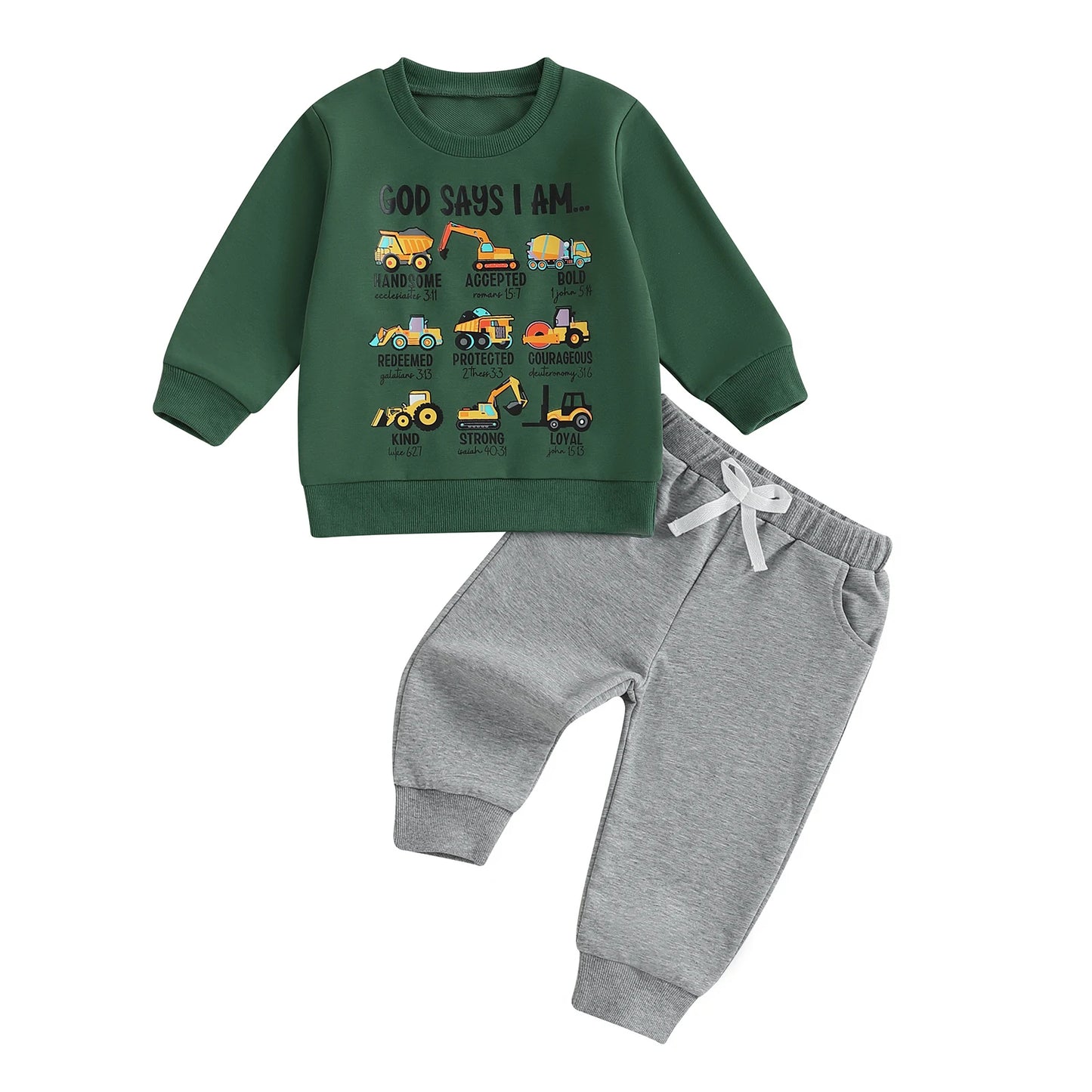 Infant Boy Autumn Clothing Set with Cute Car Patterned Crew Neck Sweatshirt and Matching Pants 2 Piece Outfit