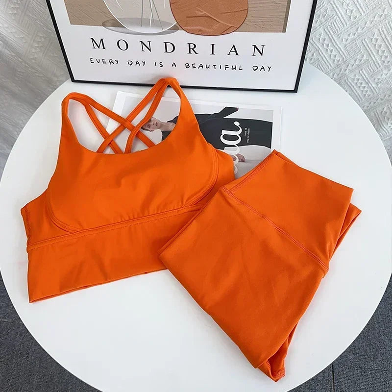 New 2 Piece Yoga Set Breathable Fitness Suit Cross Back Yoga Tops Peach Butt Yoga Pants Pilates Running Fitness Suit