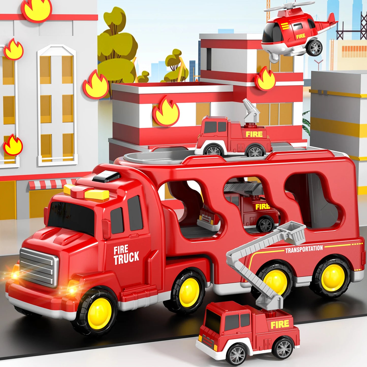 5 In 1 Fire Car Trucks Toddler Toys For Boys Age 1-5 Red Carrier Fire Truck With Light And Sound Mini Helicopter Crane Cars Sets