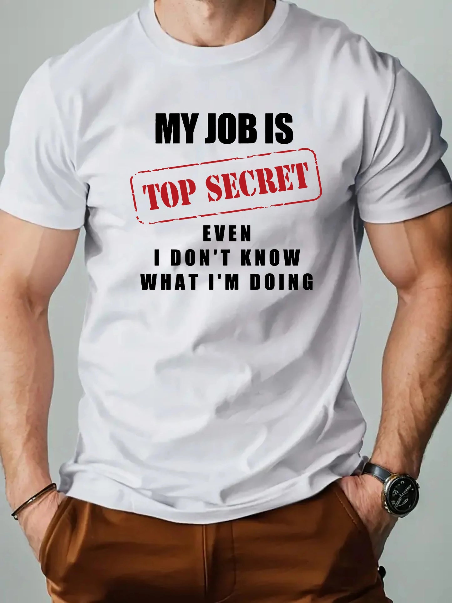 Men's 100% Cotton My Job Is Top Secret Graphic Print T-shirt Casual Short Sleeve Crew Neck Tee Men's Clothing For Summer Outdoor