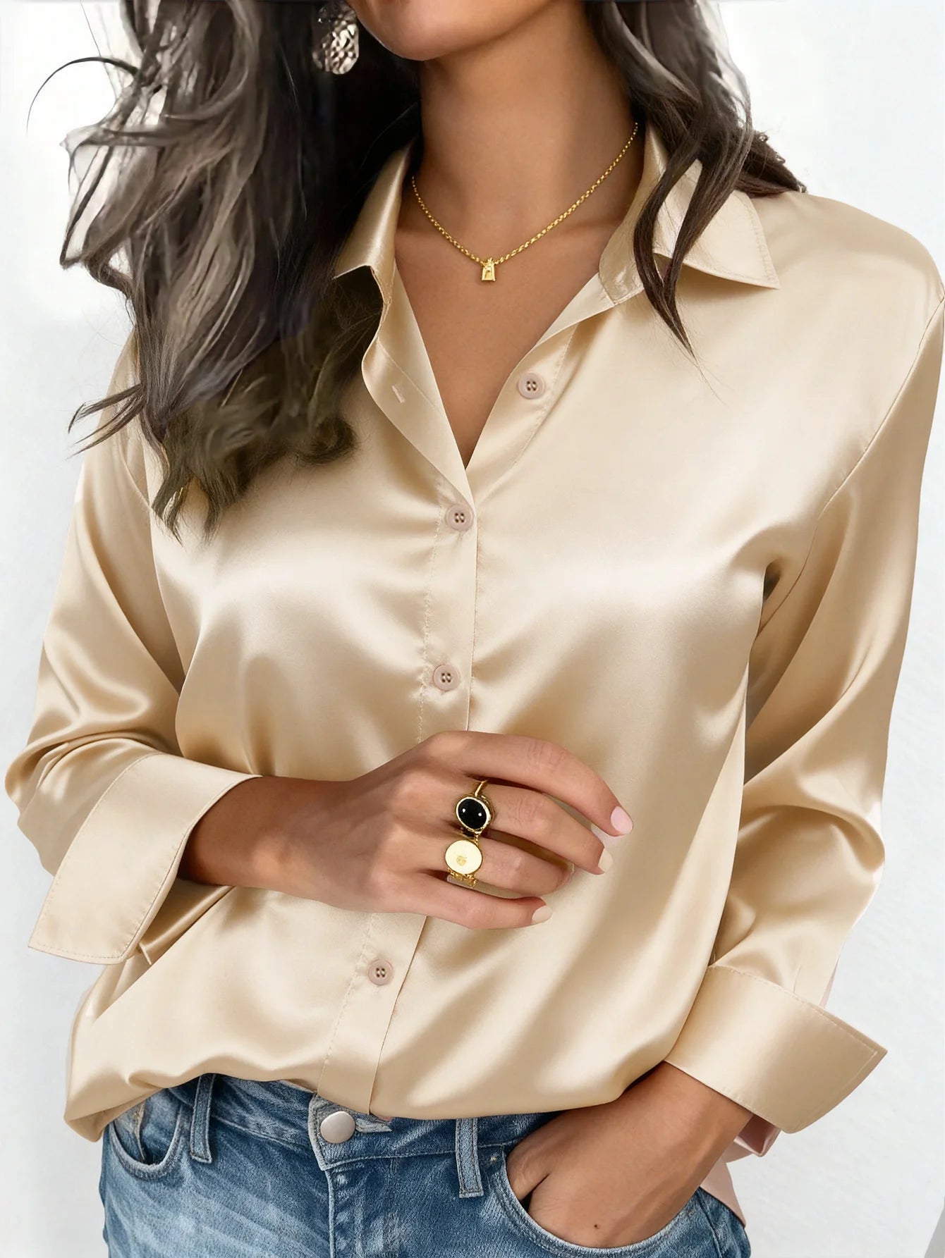 Women's Satin Button-Up Blouse, Elegant Collared Shirt for Office or Casual Wear, Autumn Winter Spring
