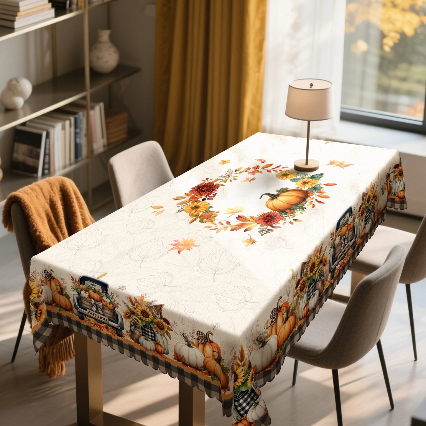 Gnizama Fall decoration autumn Thanksgiving rectangular round tablecloth with pumpkin truck, maple leaves pattern design,