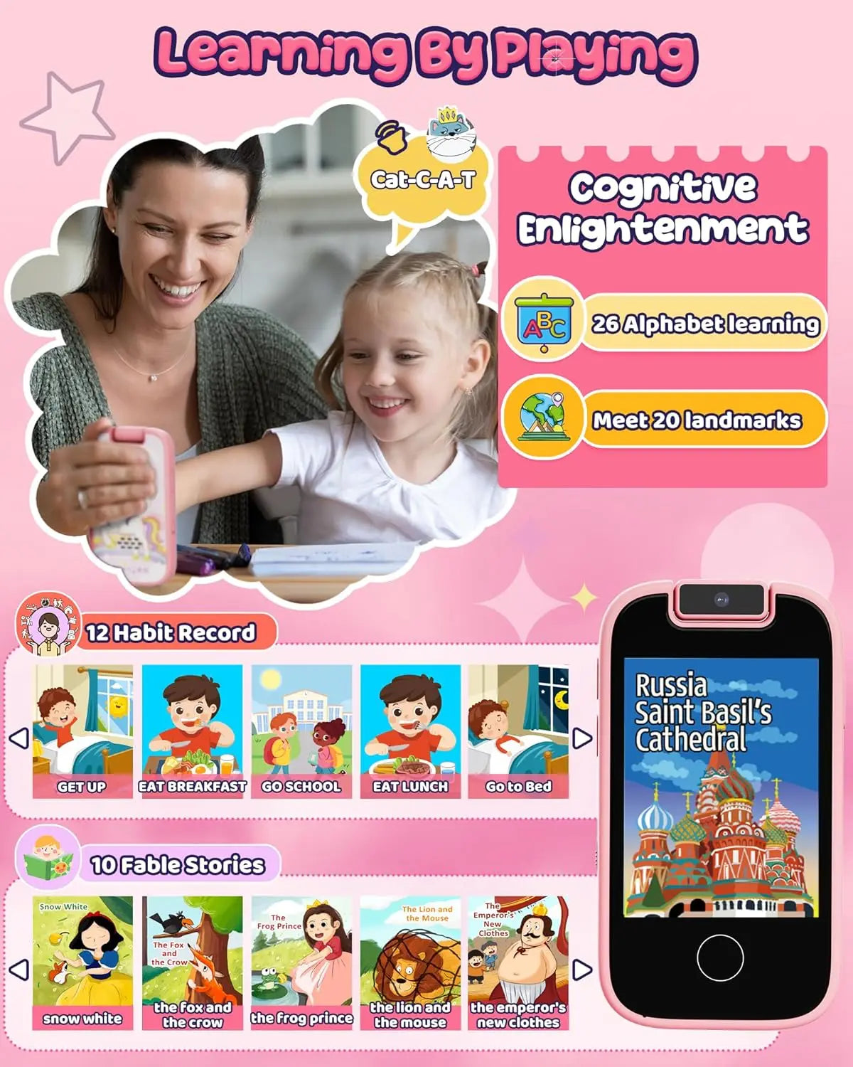 Kids Smart Phone for Girls, Toddler Phone with Dual Camera Puzzle Games Touchscreen, Learning Toy Christmas Birthday Gift