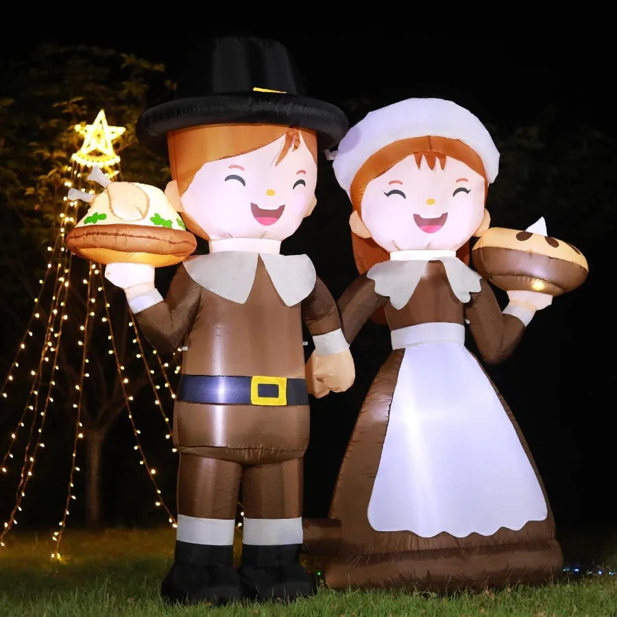 6ft Tall LED Lighted Inflatable Pilgrim Boy and Girl for Outdoor Thanksgiving Holiday Yard Decoration Fall and Christmas Garden