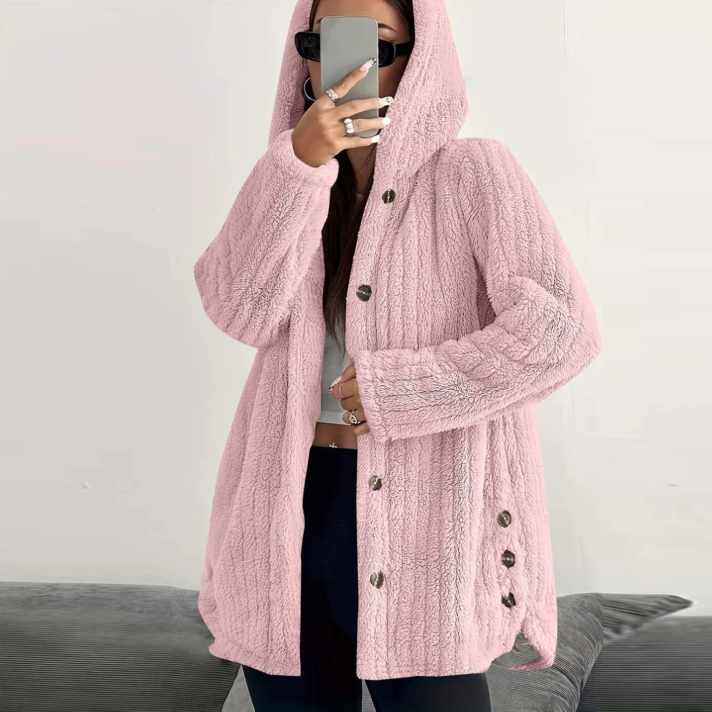 Button Hooded Jacket Plush Top Irregular Trendy Brand Solid Color Jacket For Women Feather Coats Parkas Women'S Coat Winter Jack