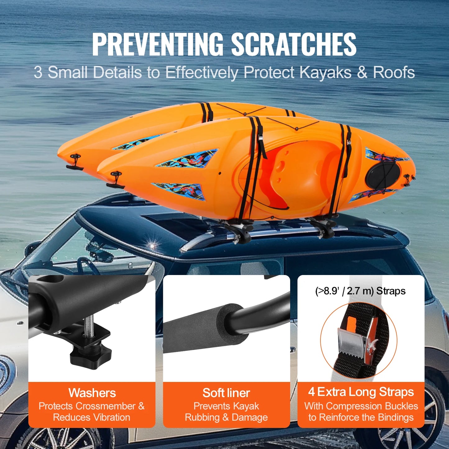 VEVOR Kayak Roof Rack 2 Pairs J-Bar Soft Roof Rack Quick Folding Top Mount Tie Down Carrier for kayak Surf Board Canoe Ski Board