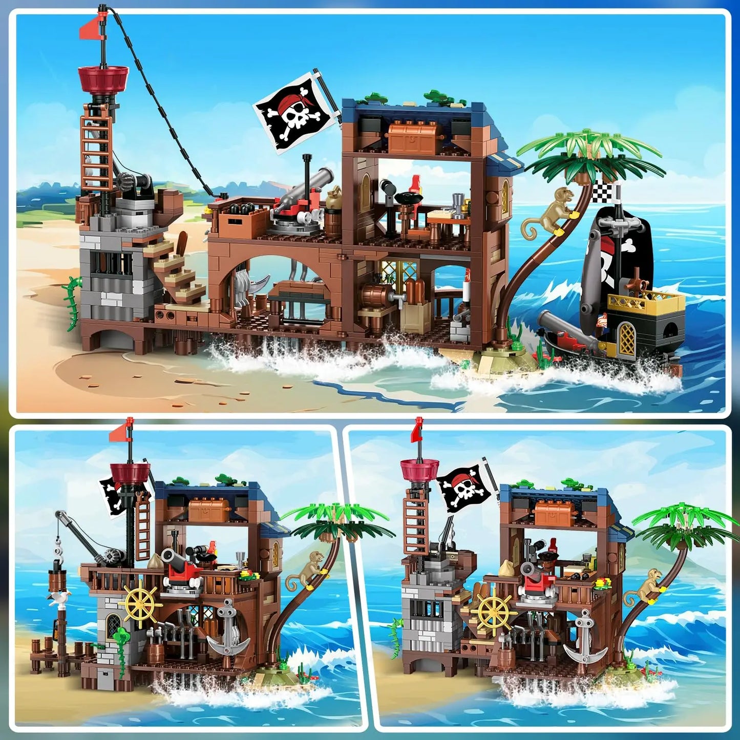 HOGOKIDS Pirate Ship Wharf Building Toy with LED–Medieval Pirate House BuildingBlock Set, Architecture for Kids6+ Birthday Gift
