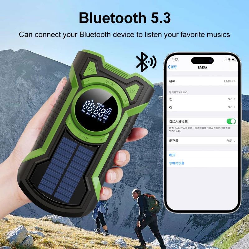 Solar AM/FM/NOAA Weather Radio Waterproof Hand Crank 5000mAh Bluetooth-Compatible5.3 Phone Charger SOS Alarm for Outdoor Camping