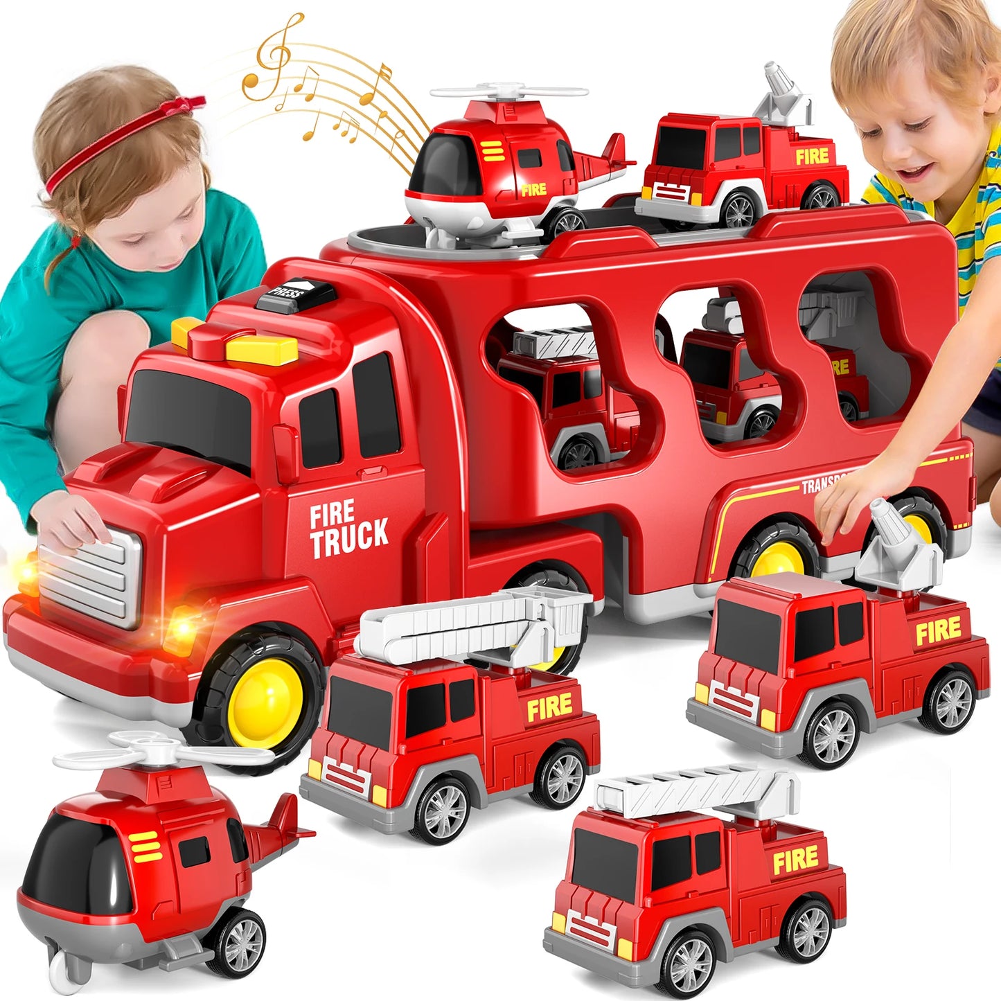 5 In 1 Fire Car Trucks Toddler Toys For Boys Age 1-5 Red Carrier Fire Truck With Light And Sound Mini Helicopter Crane Cars Sets