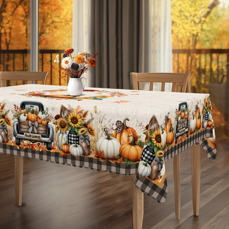 Gnizama Fall decoration autumn Thanksgiving rectangular round tablecloth with pumpkin truck, maple leaves pattern design,