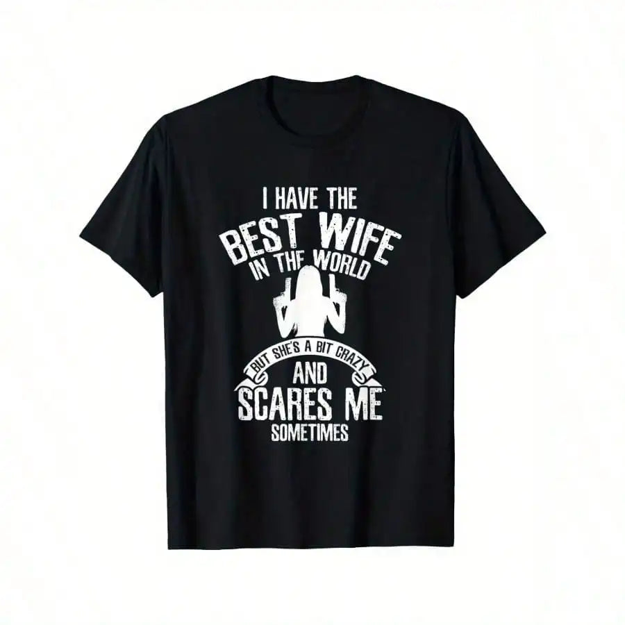 Men's Funny "Best Wife" Graphic Cotton T-Shirt - Casual Crewneck Plus Size Black With White Print