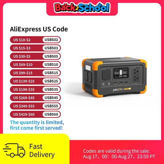 Pecron E300LFP Portable Power Station 600W 288Wh LiFePO4 Battery Solar Generator Power Bank Fast Charging for Home , RV, Camping